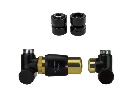 Zawór termostatyczny do grzałki 50mm INTEGRA GLAMOUR czarny mat ze złotem galwanicznym lewy GW1/2 Zawór termostatyczny do grzałki 50mm INTEGRA GLAMOUR czarny mat ze złotem galwanicznym lewy GW1/2