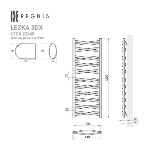 Grzejnik Łezka 3DX 440/1205 mm łazienkowy dekoracyjny biały mat Grzejnik Łezka 3DX 440/1205 mm łazienkowy dekoracyjny biały mat